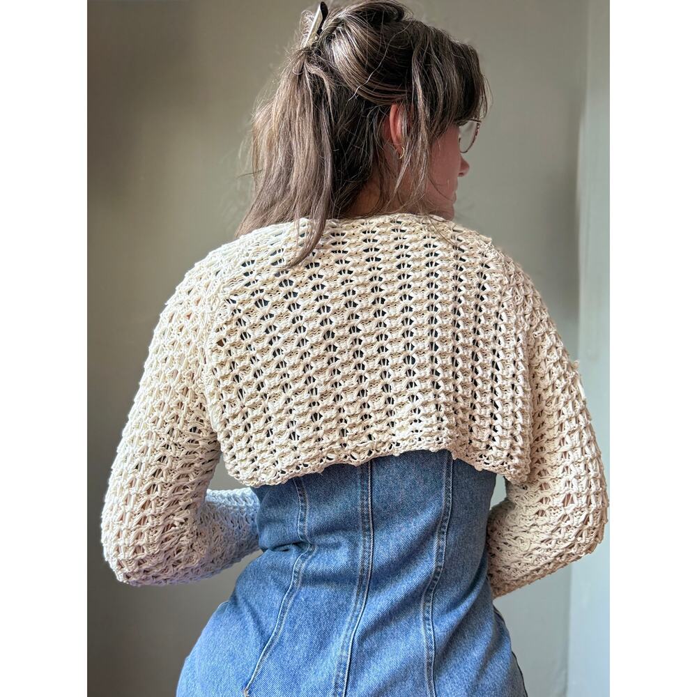 Vintage 90s Crochet Shrug Sweater | Cream Open Weave Knit Bolero | M - Picture 4 of 8